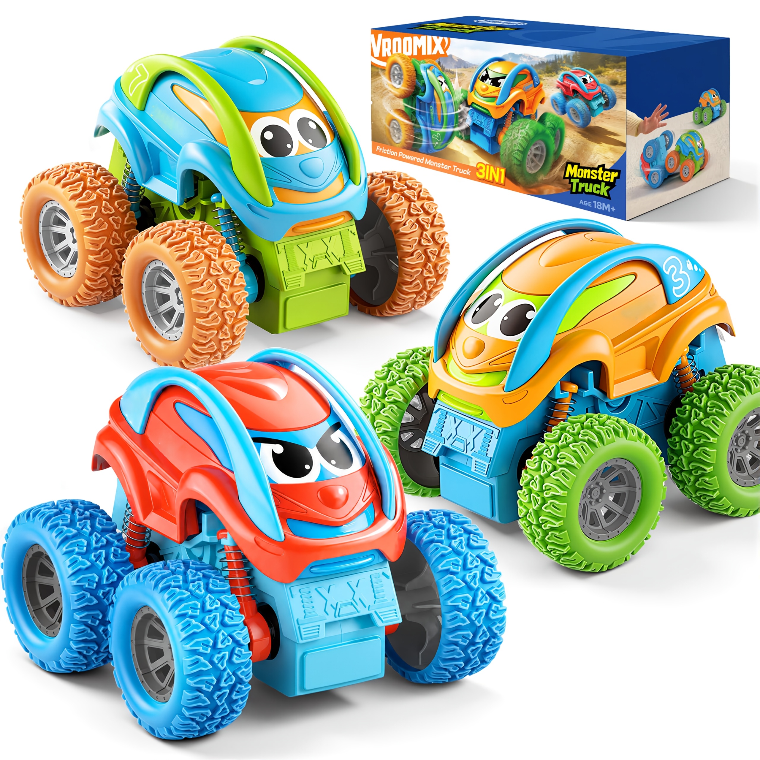 TEMU 3 Pack Monster Truck Toys For Toddlers, Friction Powered Pull Back Car Toys With Crash, Flip & Bouncing For Kids Age 18 Month And Up, Toddler