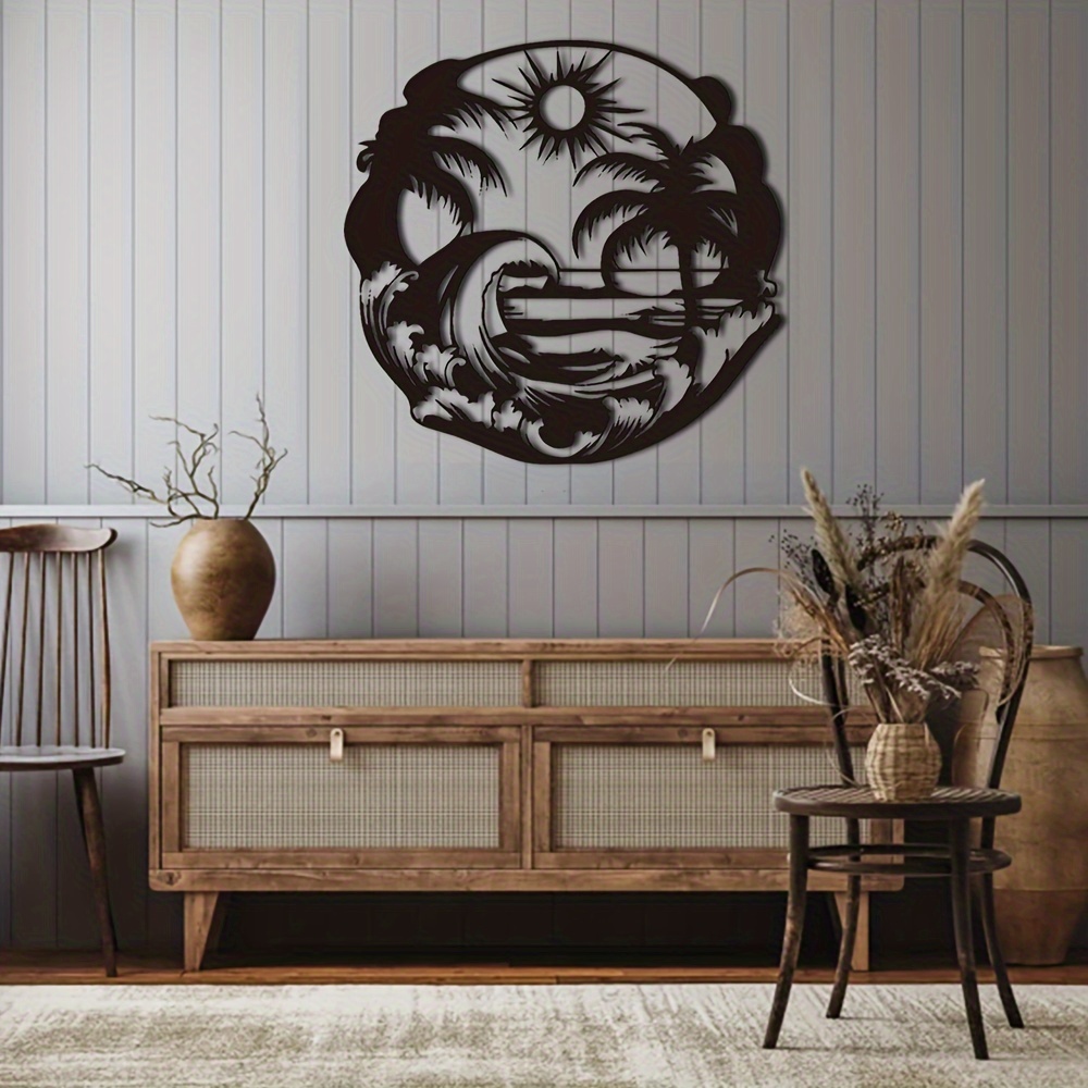 

1pc Black Metal Wall Art, Ocean Wave Palm Tree Design, Decorative Seascape Sculpture, Beach Theme Wall Hanging Decor For Bathroom, Living Room, Indoor And Outdoor Use