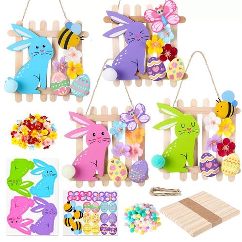 easter craft kits diy wooden bunny egg bee ornaments with artificial flowers and stick own easter handmade artwork for adult spring party favors home activity decoration