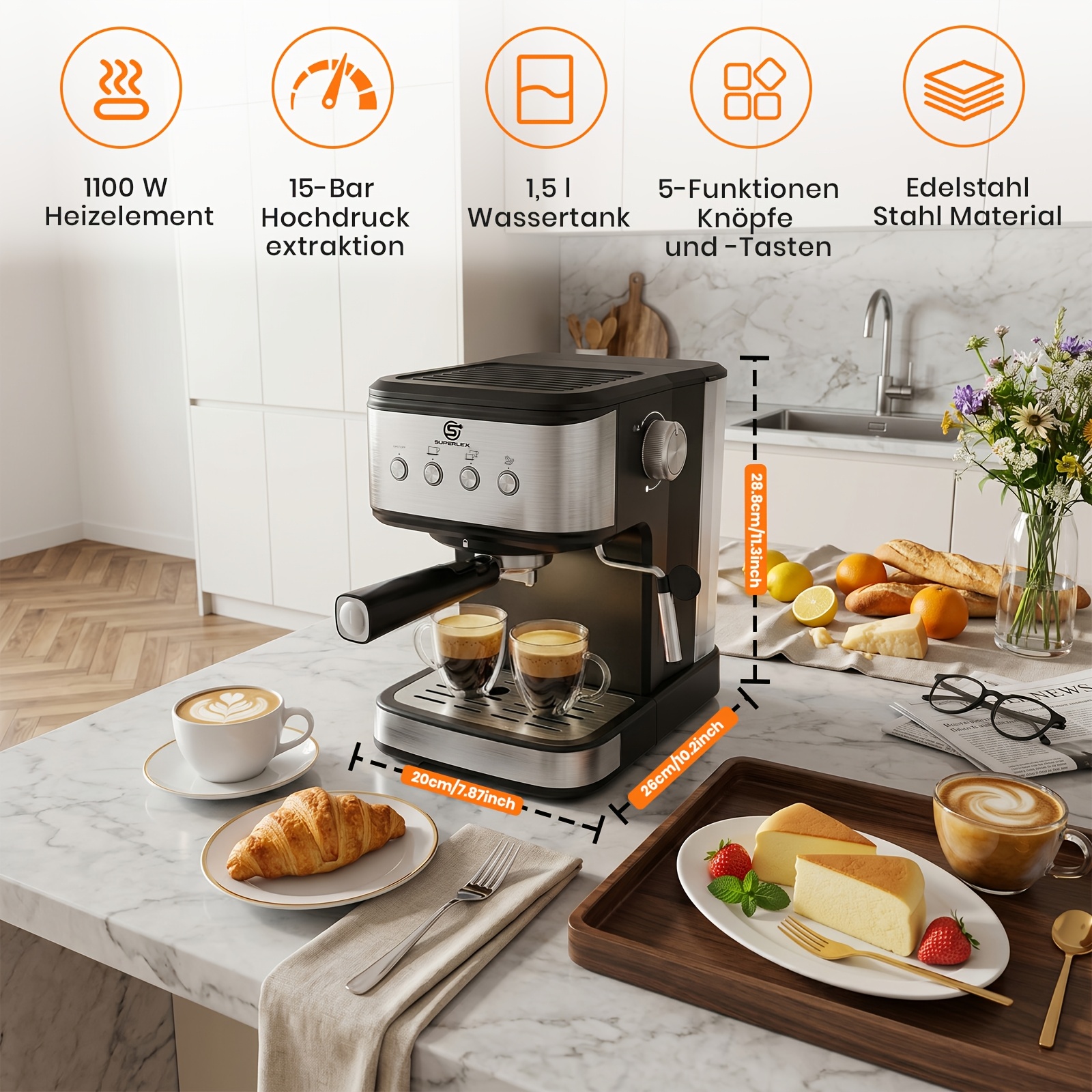 Image of Superlex 15 Coffee Maker With Pump, 1.5l Water Tank, High-pressure Milk Frother, Safety Protection For Household & Small Brewing