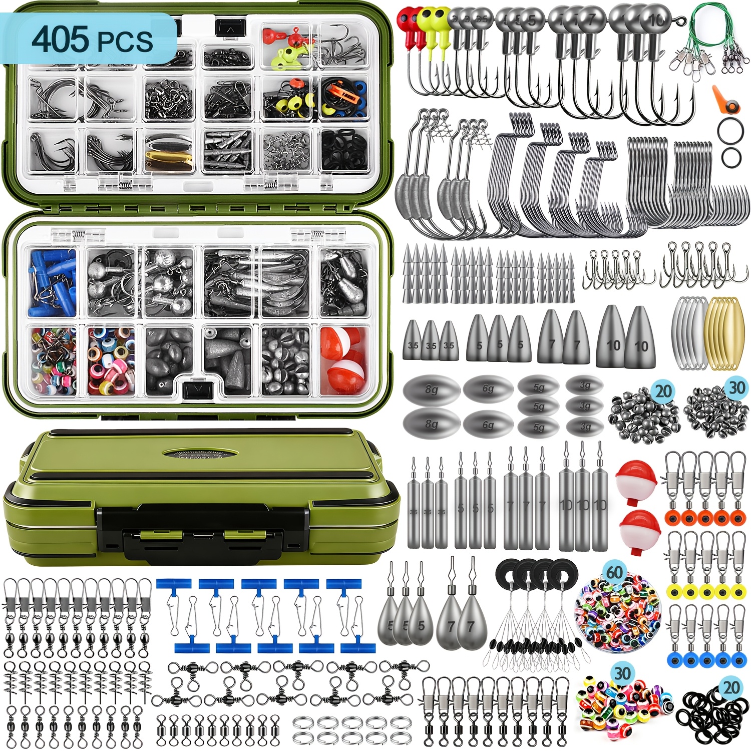 Image of 132/204/305/405pcs Fishing Gear Additions Kit, Fishing Tackle Box With Tackle Included, Fishing Hooks, Fishing Weights Sinkers, , Fishing Equipment For Trout Crappie