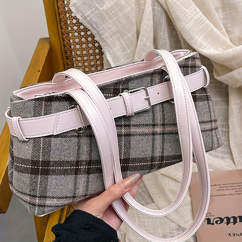 Women'S Coffee Brown Plaid Shoulder Bag with Adjustable Strap & Zipper Closure - Synthetic Crossbody Purse for Daily Commute, Shopping, Dating, Parties - Versatile Holiday Gift, Crossbody Purse, Party Accessory, Fashionable Handbag, Durable Lining