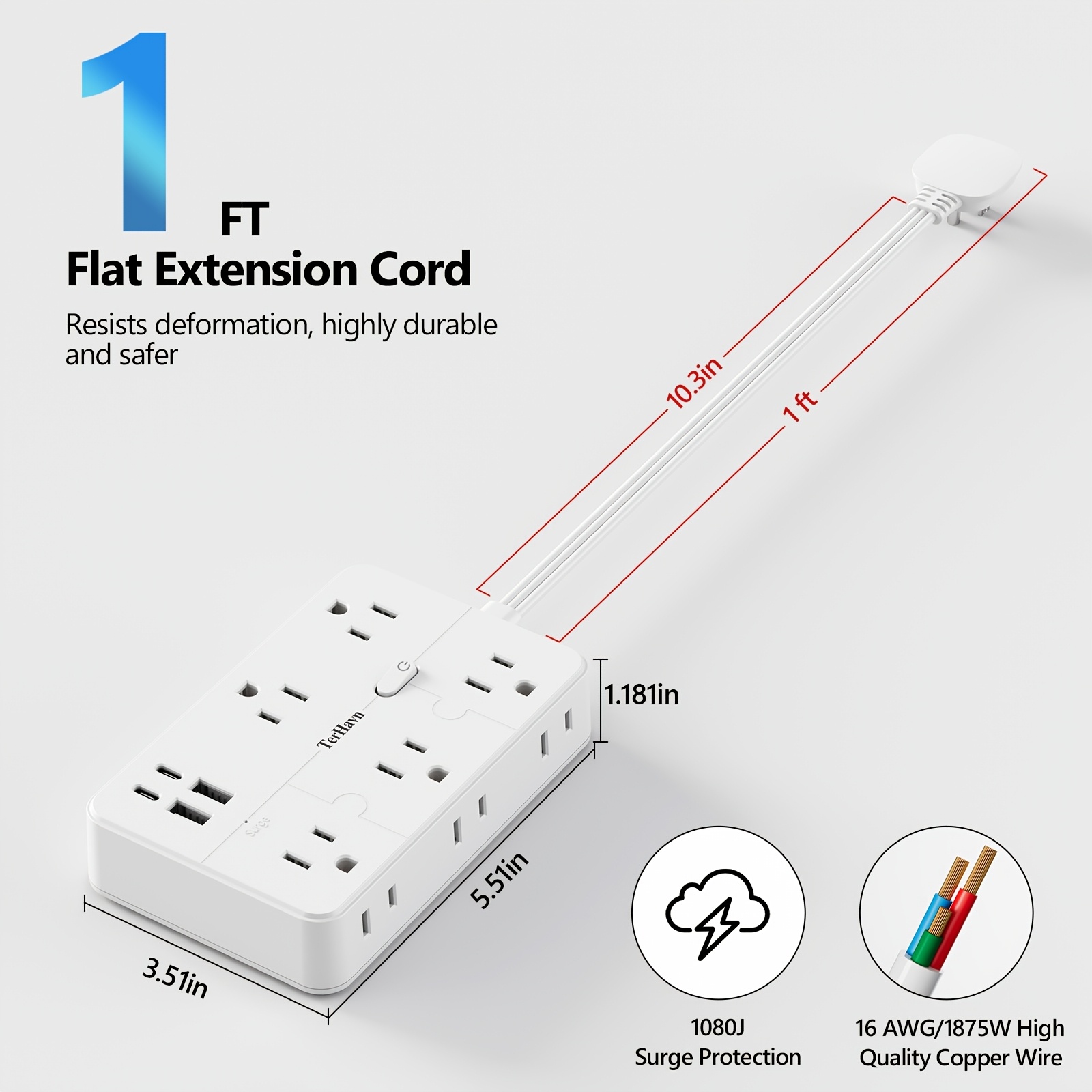 TEMU Parafoudre multiprise, rallonge de 0,3/1,5/3/4,5 m, 10 prises CA et 4 ports USB (5V/3,4A 17W), 1080J, station de charge de bureau et murale avec