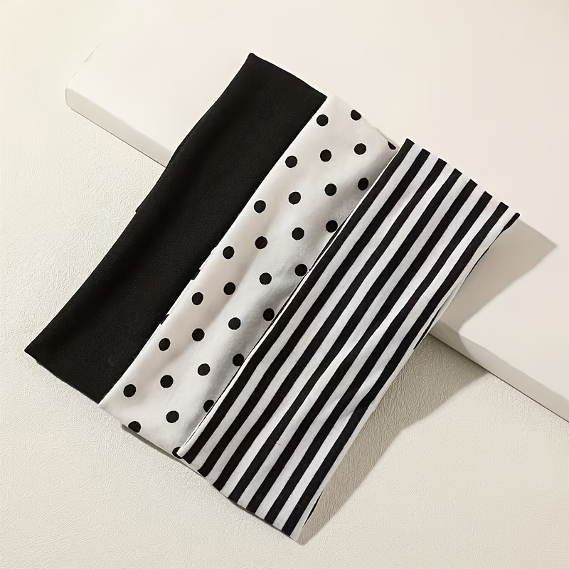 TEMU 3pcs Set Of Black And White Polka Dot + Striped Elastic Sports Headbands, Suitable For Daily Life, Yoga, Workouts, And Travel. Women's Hair