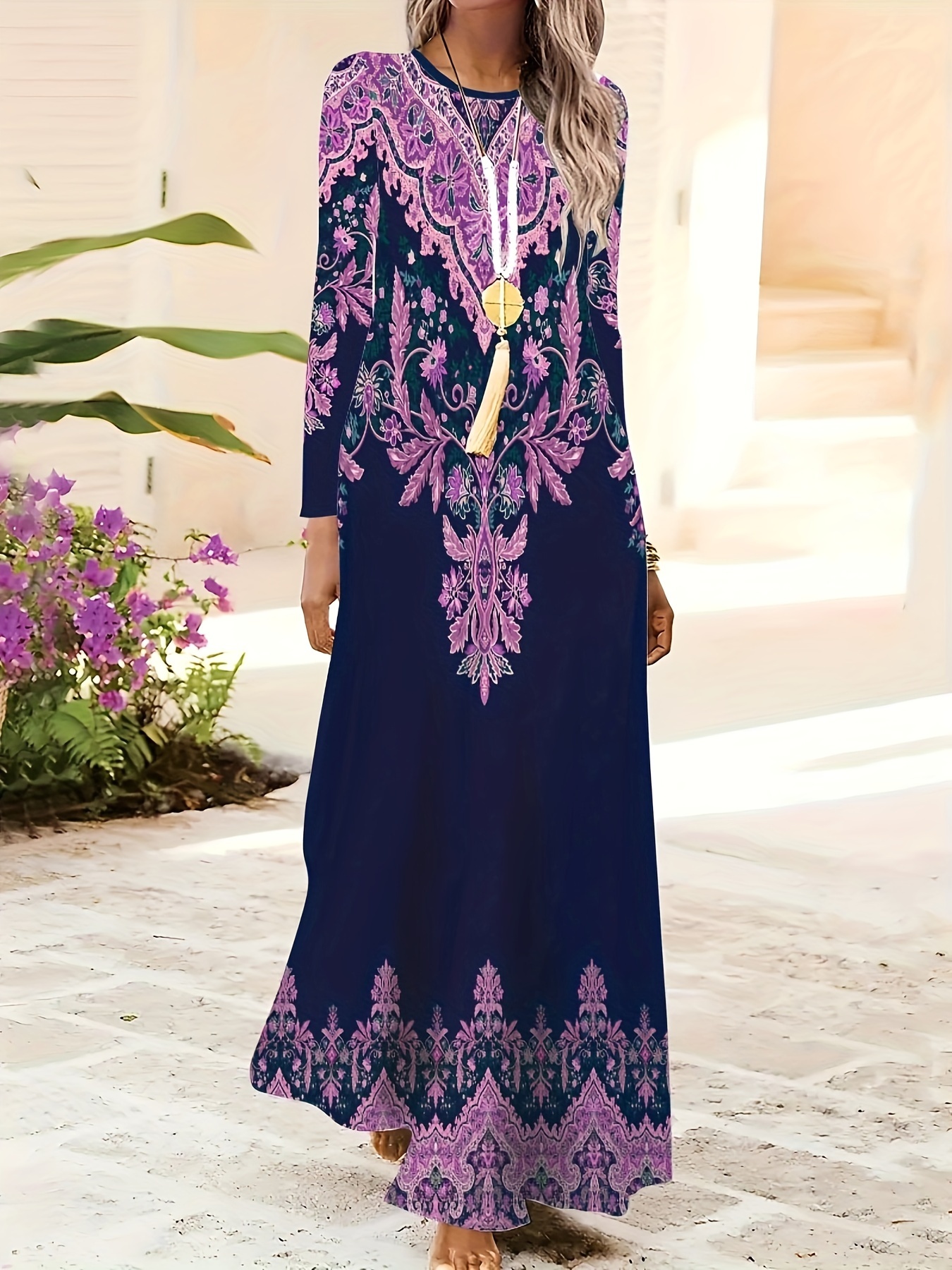 Ladies' Plus Size Bohemian Floral Print Dress Navy Blue Purple A-Line  Long Sleeve Maxi Dress with Round Neck, High Machine Washable Fabric for 