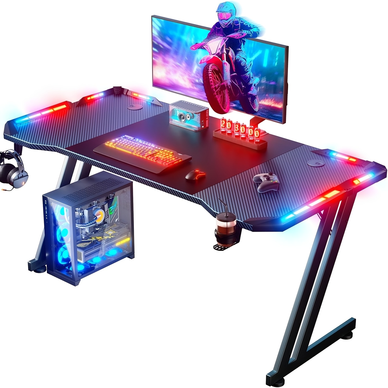 Provide 47/55/63 Inch Computer Table With Led Lights, Modern Home Desk With Headphone Hooks & Cup Holder, Ergonomically Designed Gaming Table For Pc Laptop Workstation, Bedroom, Black
