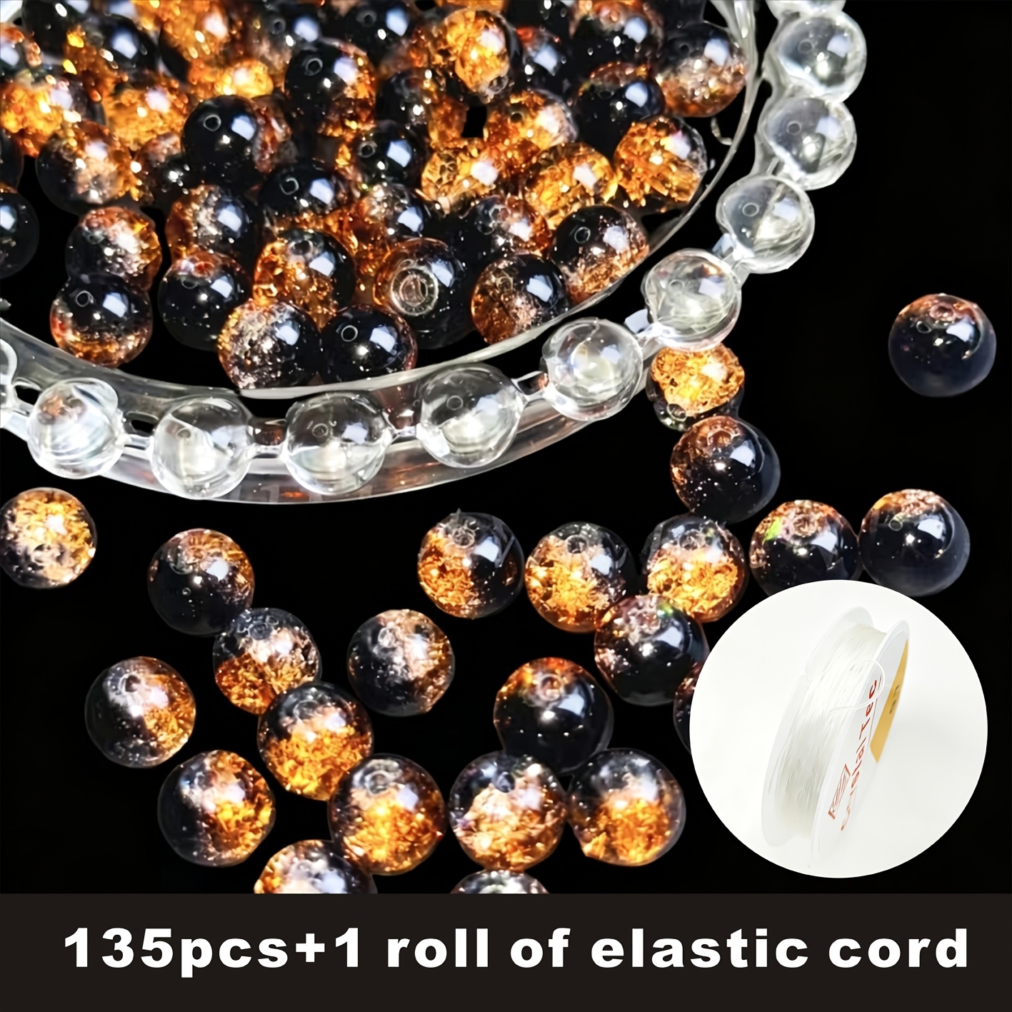 TEMU 135 pièces + 1 rouleau de cordon élastique de 8 mm, perles craquelées noires et jaunes de haute qualité, perles de verre dégradées de de neige.