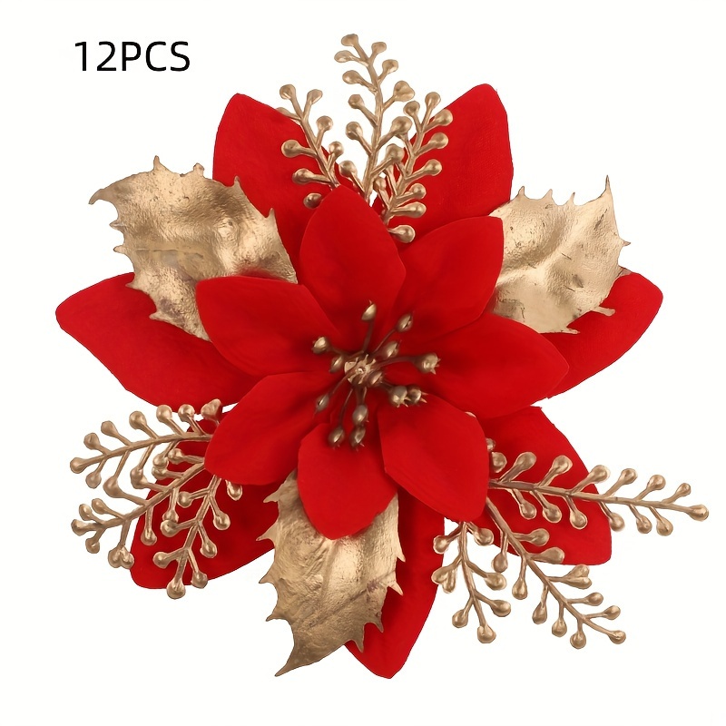 TEMU 12pcs Luxe Golden & Silvery Christmas Flower Ornaments - 3-layer Glittered Artificial Flowers For Tree, Wreath & Home Decor