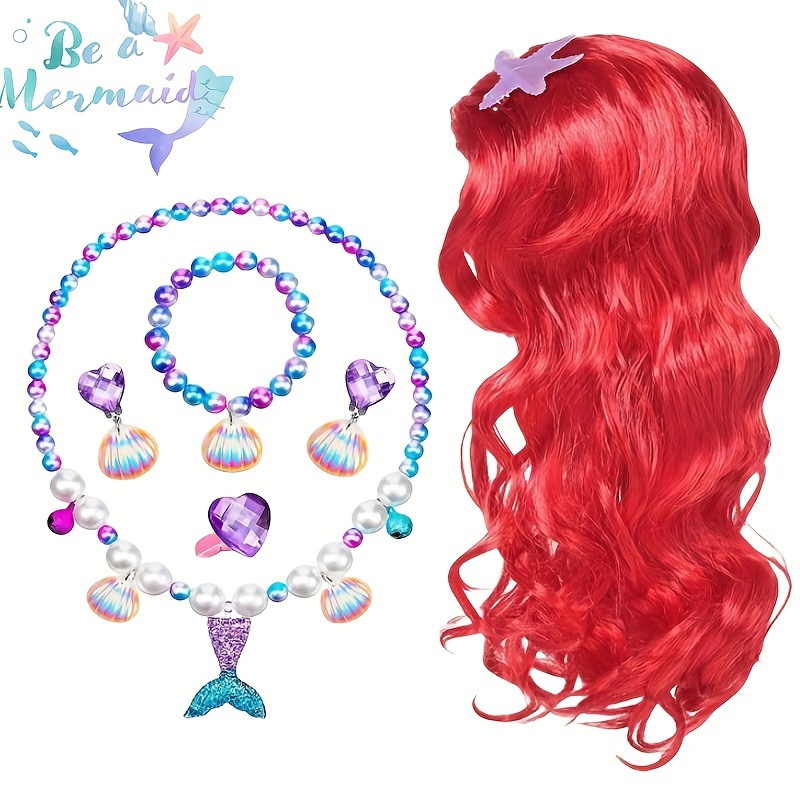 

7pcs Mermaid Costume Play Set For Cosplay Halloween New Year Christmas Birthday Party Princess Red Long Curly Wig Hair With Mermaid Themed Jewellery Accessories Dress Up Wig Set