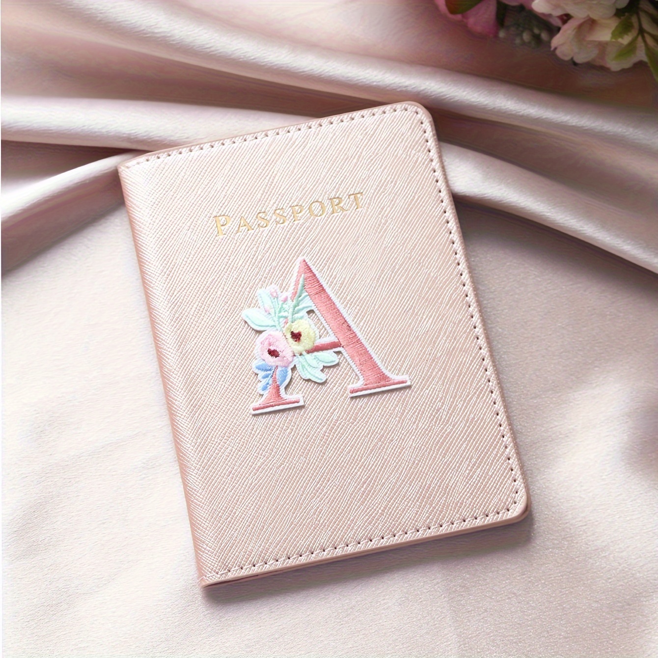 Image of [customization] Personalized Embroidered Letters Passport Cover Customized Pink Floral Letter Pattern Passport Holder Initial Letter Cover Pure Passport Holder Cover Travel Wallet For Gift