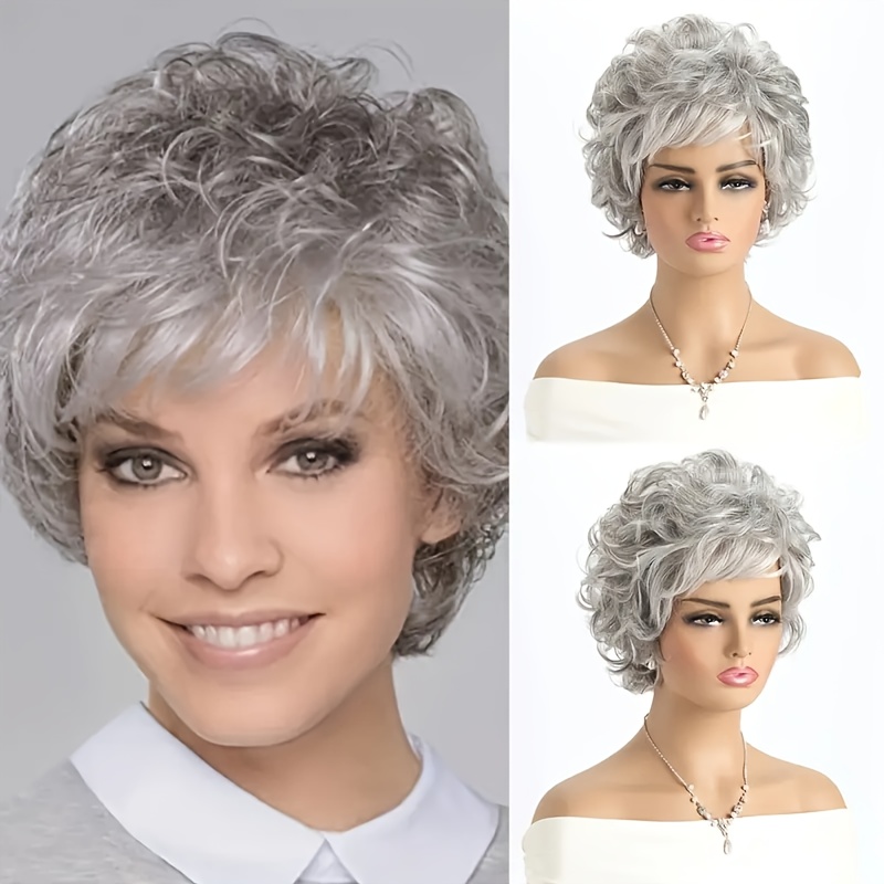TEMU Women's Short Gray- Wig, Layered Fluffy Wave Synthetic Fiber Wig, Suitable For Gifts, Daily Wear, Parties, Halloween, And Cosplay - Lightweight