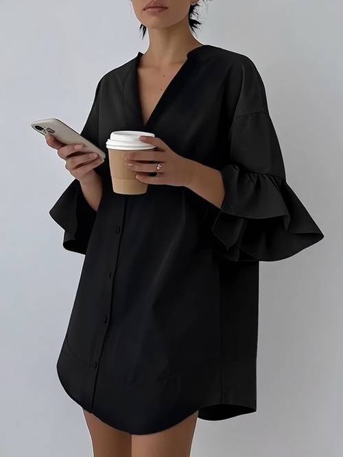 kadınlar için rahat şık uzun kollu gömlek - dik , fırfırlı geniş , yarı bol kesim, makinede yıkanabilir her mevsime uygun, günlük moda, kumaş, ofis kıyafeti, nefes alabilen malzeme, şık üst, moda severler i̇çin