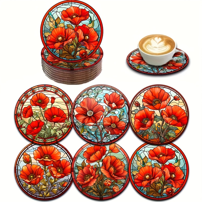 

6pcs Floral & Poppy Print Wooden Coaster Set - Tea, Coffee & Beverages - Decor Gift For Parents & Friends