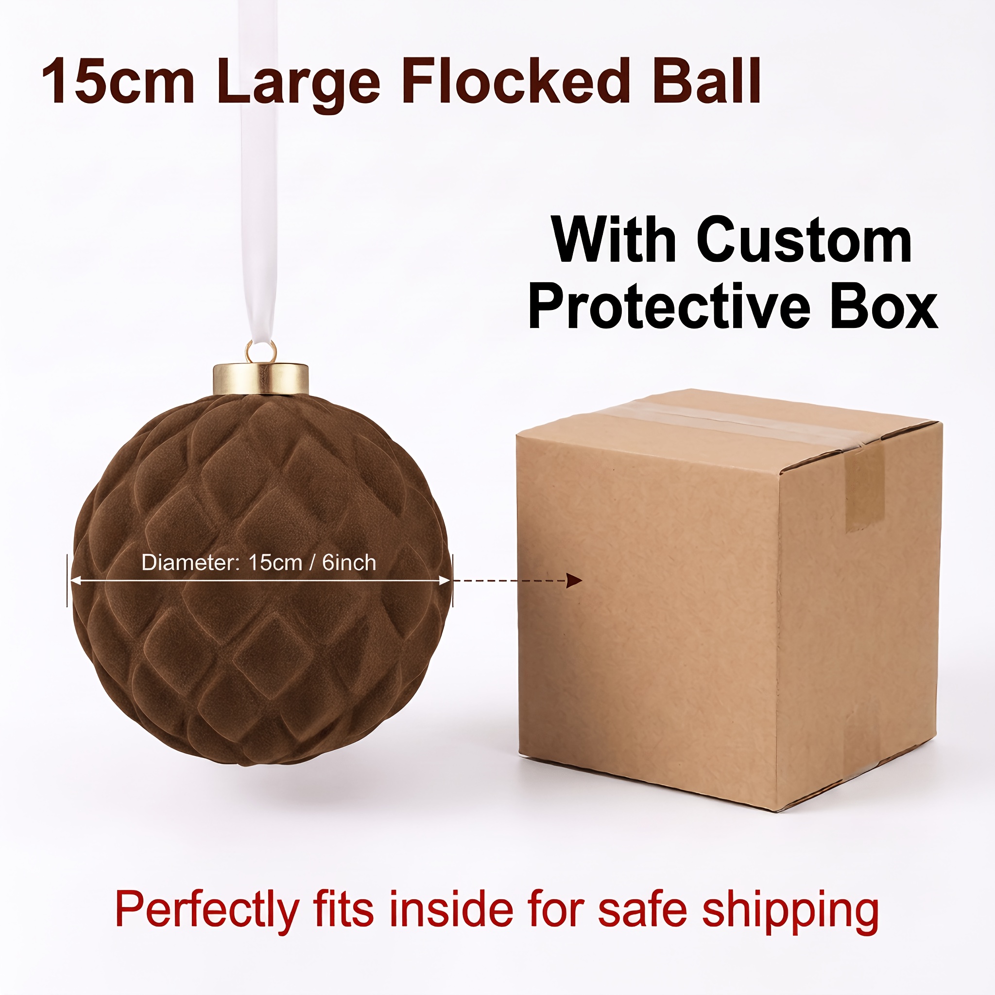 TEMU Boule de Noël marron en velours de qualité supérieure -chute de 15 cm/6 pouces + ruban, 2 différentes (ronde, ), décoration de suspension pour