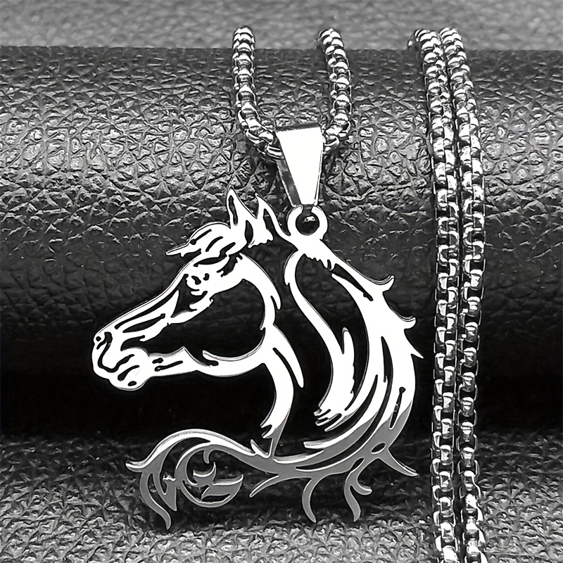 Image of Hollow Horse Head Pendant Necklace - 304 Stainless Steel Golden-tone Animal Jewelry, Modern Minimalist Unisex Design For Casual Attire & Gift