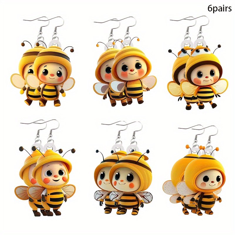 

6 Pairs Cute Bee-themed Acrylic Earrings - Trendy 2d Design For Everyday & Party Wear, Perfect Gift Idea