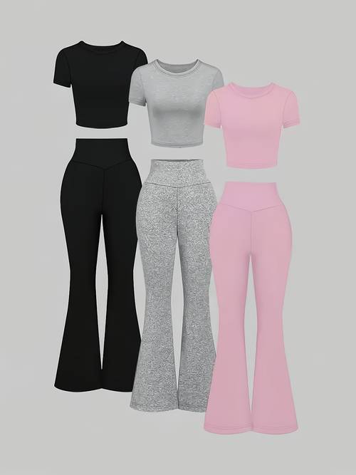 ladies 6pcs solid color round neck short short sleeved top and fit flared trousers long pants set multi color different daily versatile set