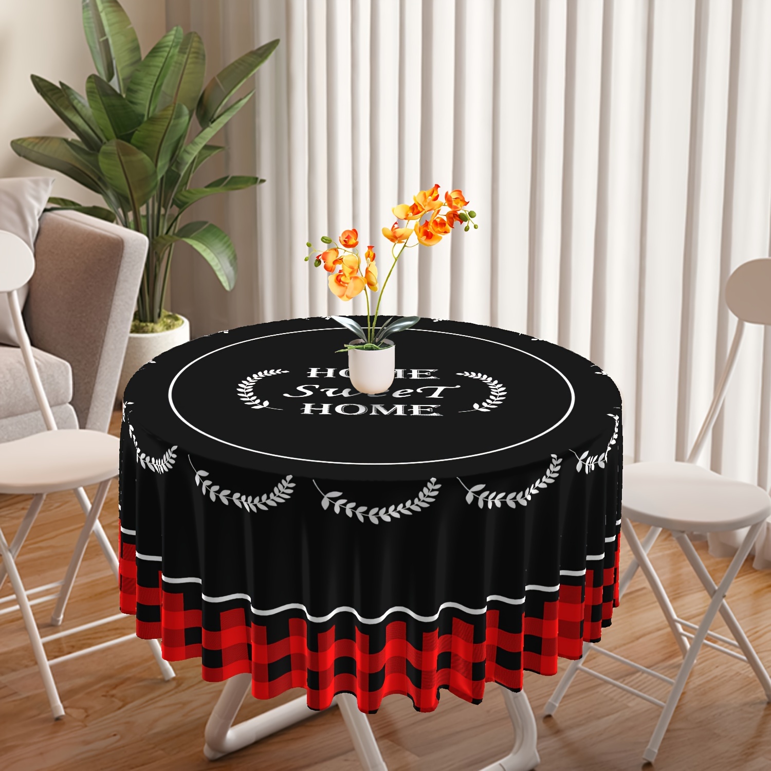 

Chic Red & Black Plaid Round Tablecloth With Leaf Design - Waterproof, Wrinkle-free Polyester Cover For Dining & Patio Tables, Perfect For Bbqs, Picnics & Outdoor Events, 63" Diameter