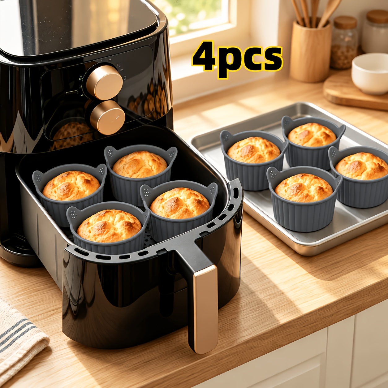 TEMU 4pcs Moules à Gâteau en Silicone, Moules à Gâteaux pour Friteuse à Air, Moules à Muffins et Tartes Ronds Antiadhésifs Réutilisables, Design