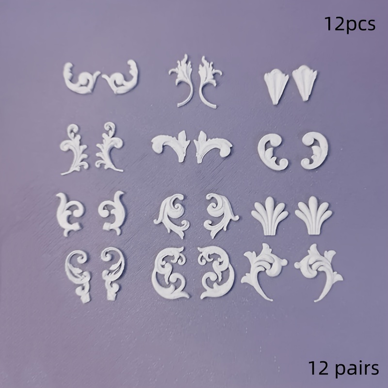 TEMU 12 Pairs Of Baroque Decorative Detail Pack, Multi-style European Scroll Vine Embossed Accessories, White Plain Molded Carved Ornamental Pieces,