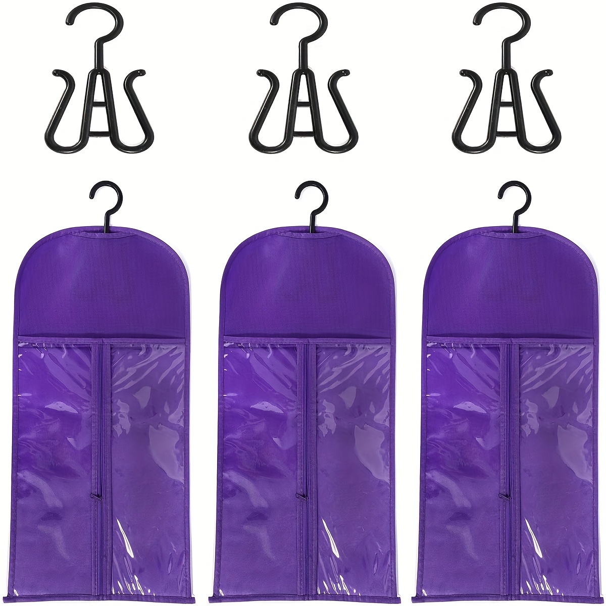 TEMU 3pcs Purple Wig Storage Bags With Hangers - Dust-proof, Waterproof Hair Extension Organizer With For And Protection