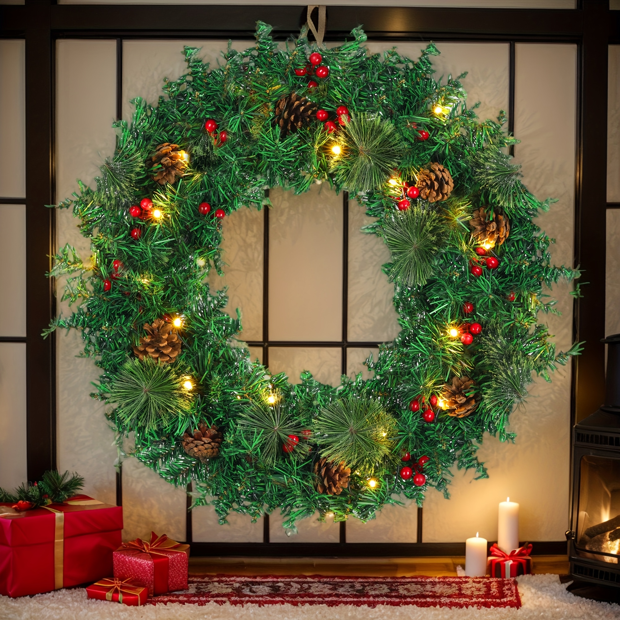 

Christmas Wreath, 22 Inch Lighted Wreaths For Christmas Decor With Pinecones , 8 Mode Christmas Wreath For Front Door Outdoor Indoor Garden