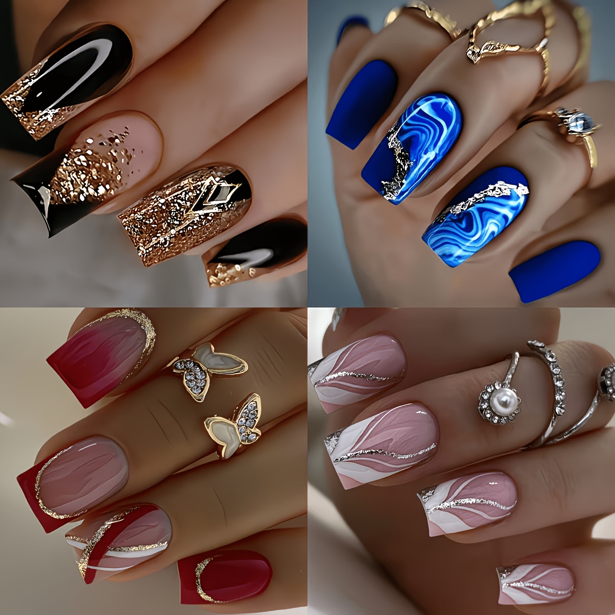 TEMU 96pcs Acrylic Medium Rectangle Mixed Colors -on Nails, Glossy , Blue, Red, Pink With Gradient And Striped Patterns, Includes Jelly Glue And Nail File, Suitable For ' Nail Decoration