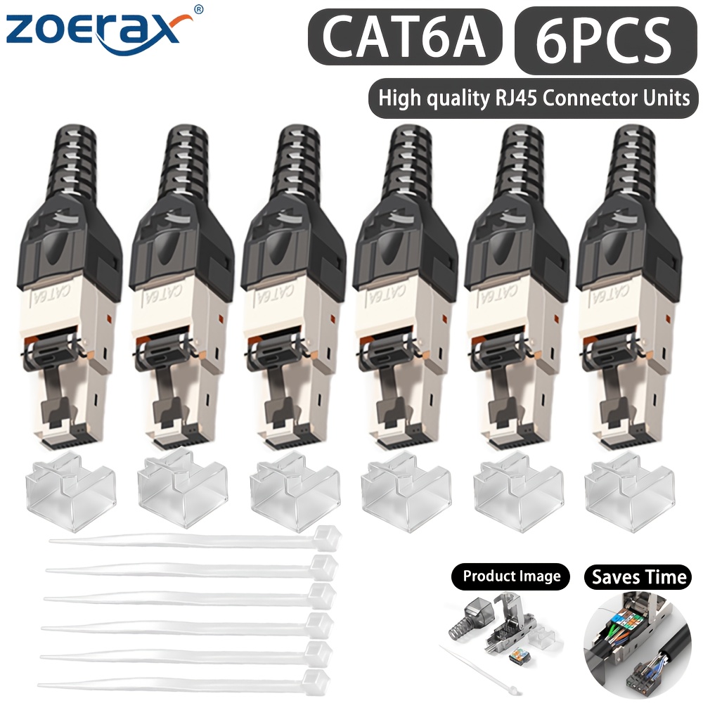 Zoerax 6pcs Cat6a Shielded Rj45 Connector, Toolless Ethernet Plug, 10g Transmission Reusable Modular Plug For Home & Engineering Network Cabling