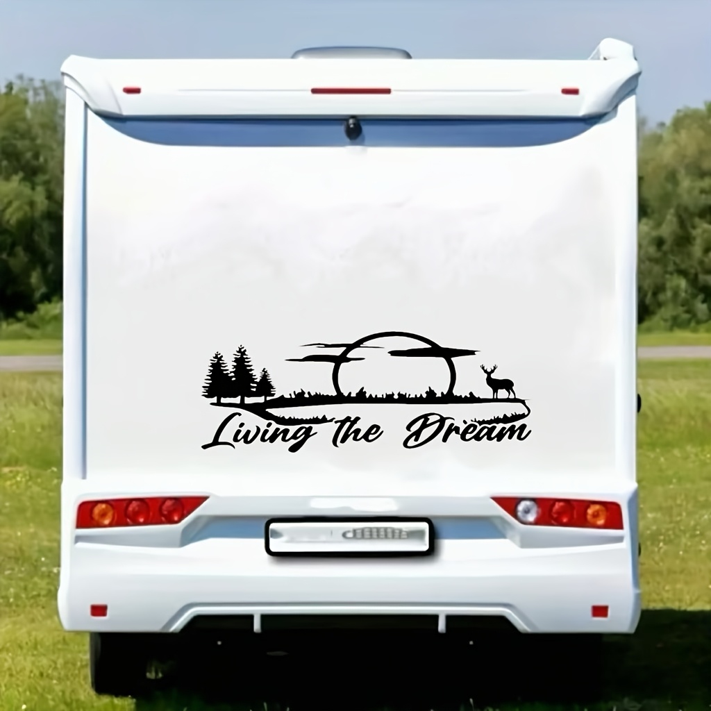 Image of Living " Inspirational Car Decal - High-quality Pvc Vinyl, Sunset Design With Deer And Trees, Waterproof Sticker For Suvs, Motorhomes, Rvs, , And Cars, Glass Or Metal Surfaces, Car Decorations