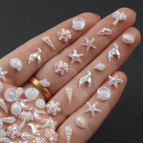 48pcs 68pcs iridescent aurora ocean themed 3 resin nail charms suitable for diy nail art decorations seashells conches coconut trees snowflakes with marine patches for nails hands pedicures