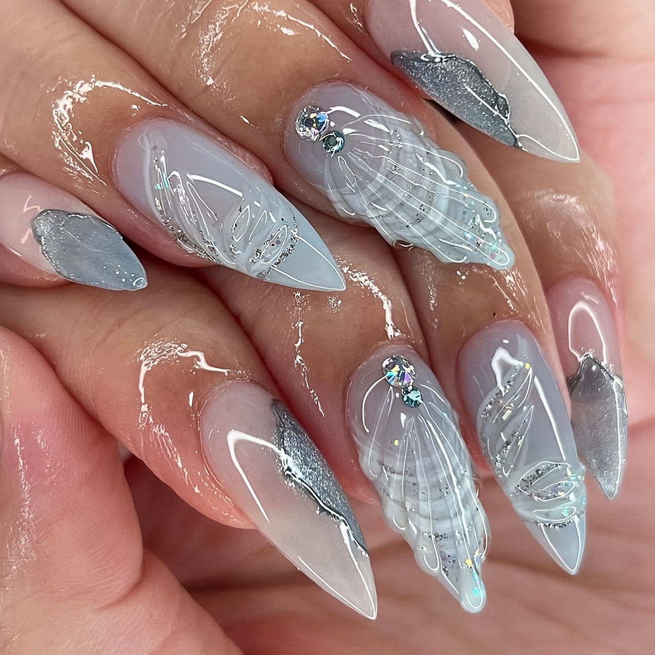 

24-piece Set Of Medium Almond-shaped Blue Press-on Nails With 3d Water Drop Shell Design, Rhinestone Accents & Glitter Wave Pattern - Perfect For Diy Manicures