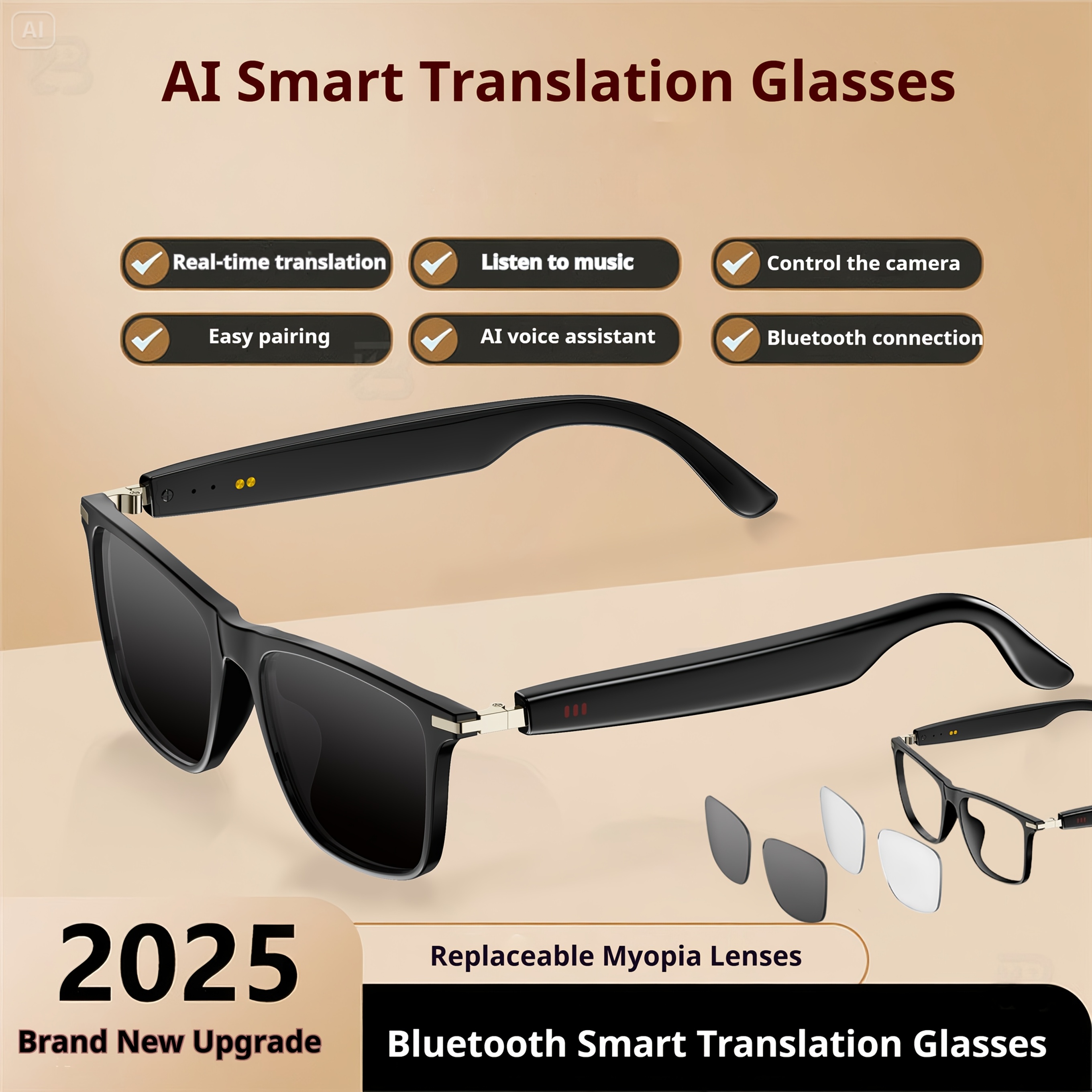 Ochelari inteligenți AI, Ochelari inteligenți cu suport pentru traducere în timp real în peste 100 de limbi, Sistem Chat GPT, PEJE Ochelari audio multifuncționali noi pentru bărbați și femei, cu microfon și difuzor încorporate, Apeluri vocale HD și calitate muzicală HIFI, Redare muzică și apeluri