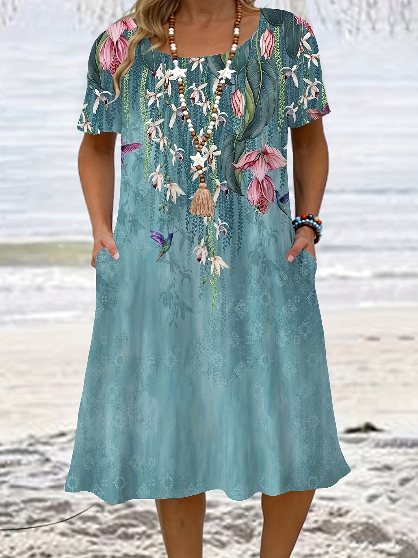 große größen - große größen - [modische  ] große größen kleid mit blumen- und pflanzenmuster, rundhalsausschnitt, lockeres kleid, frühling sommer lässiges elegantes kurzarm kleid mit  , damenmode in großen größen