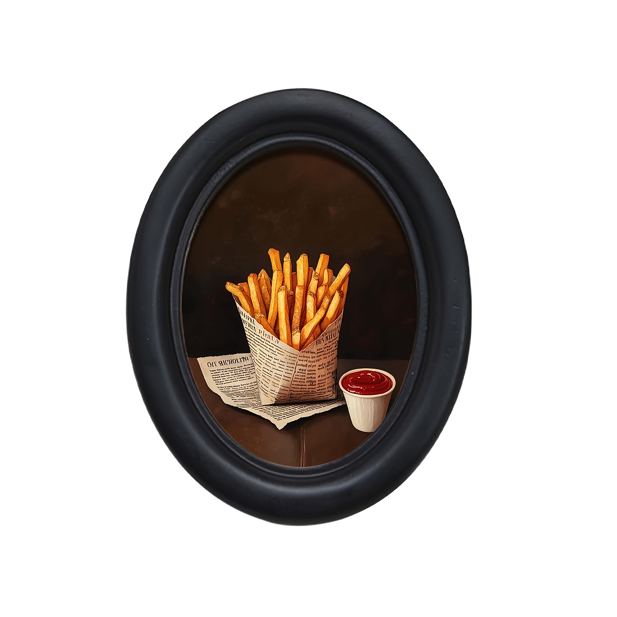 1pc, Fries With Ketchup 3d Oval Retro Wooden Frame Photo Frame (4.16 * 5.25), Handmade Photo Transfer, Room Bedroom Wall Decoration, Rustic Farmhouse Art Wall Decoration, Holiday Decorations - Framed