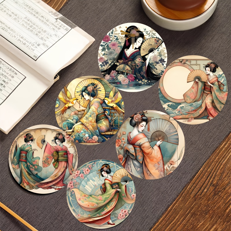 TEMU 6pcs Japanese Kimono Art Wooden Coasters Set - Absorbent, Heat-resistant And Non-slip, Suitable For Home Office And Zen Decor, High-quality