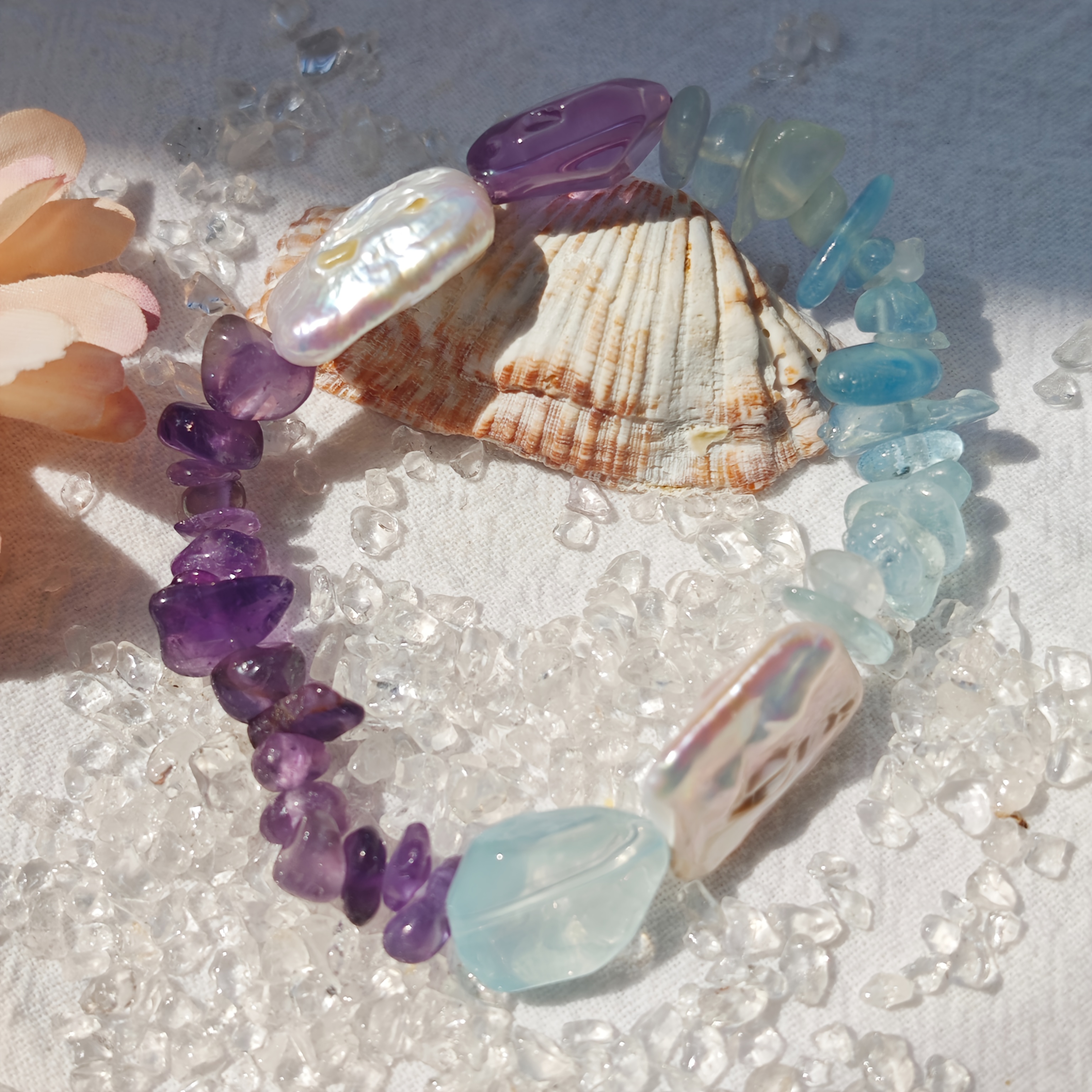 Image of Unique And Elegant Aquamarine With Amethyst Pearl Bracelet, For Daily Wear, Vacation, Party, Music Festival