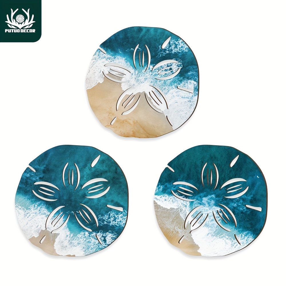 

Putuo Decor, Set Of 3 Sand Dollar, Sea Wave Blue Ocean Wooden Wall Decor For Beach Bathroom Decor, 10.2 X 10.2 Inches