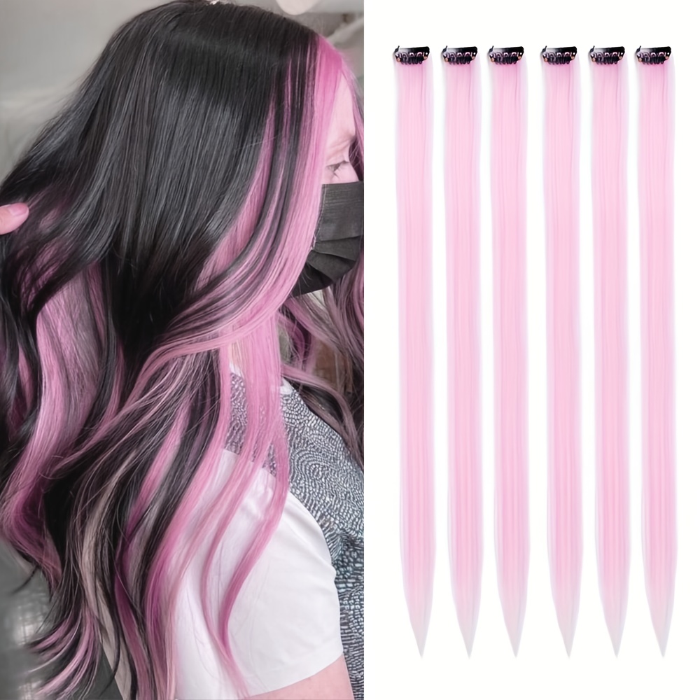 E-shop 6 Stück Rosa Bunte Haarverlängerungen | 24 Zoll Hitzebeständige Synthetische Glatt Perücke Haarteil für Frauen, Party Geschenk Geeignet für