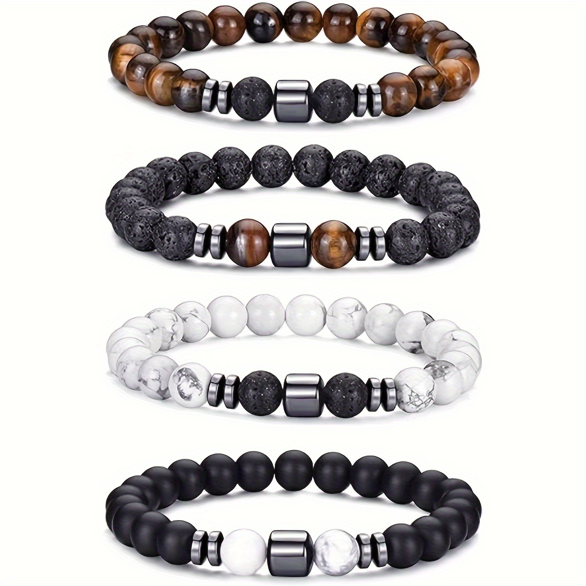 

4pcs Set Men's Beaded Bracelets - Vintage Style, Natural Tiger Eye & Stretch Wristbands For Couples, Neutral, , Gift,