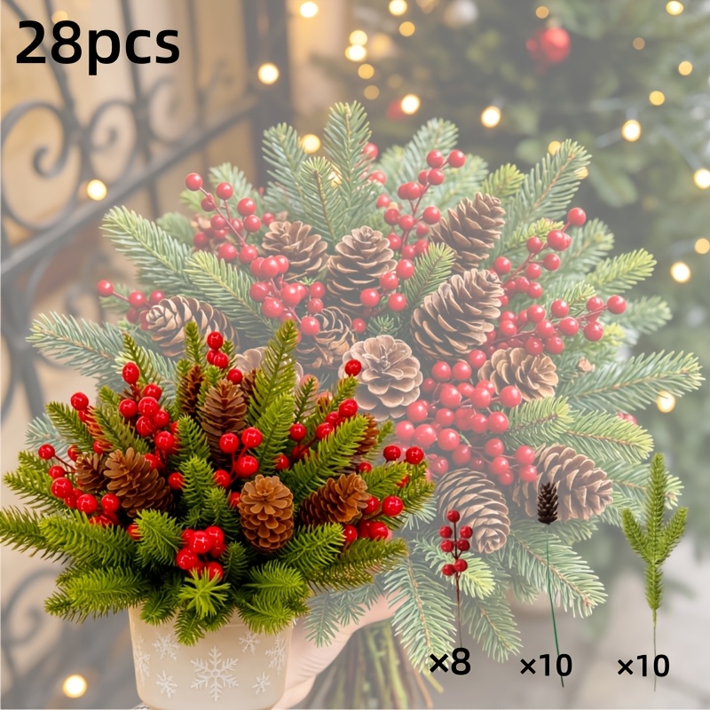 TEMU 28pcs Artificial Pine Branches/simulated Pine Cones/red Berries Mixed Bouquet, No Maintenance Required, Full And Shaped Floral Decoration,