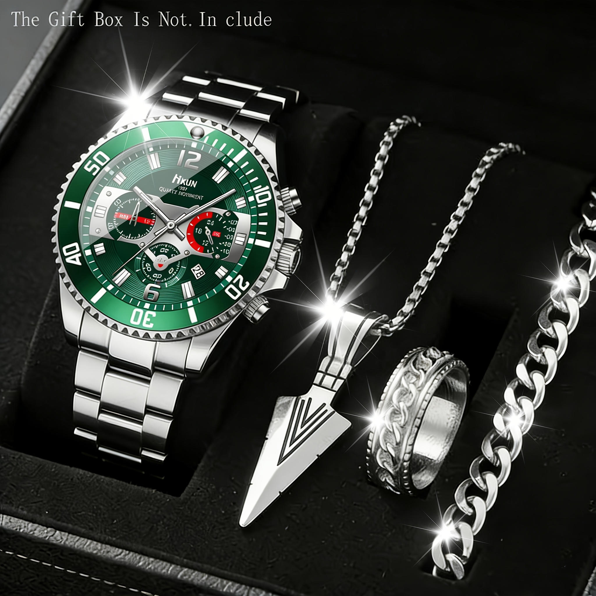 4pcs Men's Set with Quartz Watch, Bracelet, Necklace & Ring