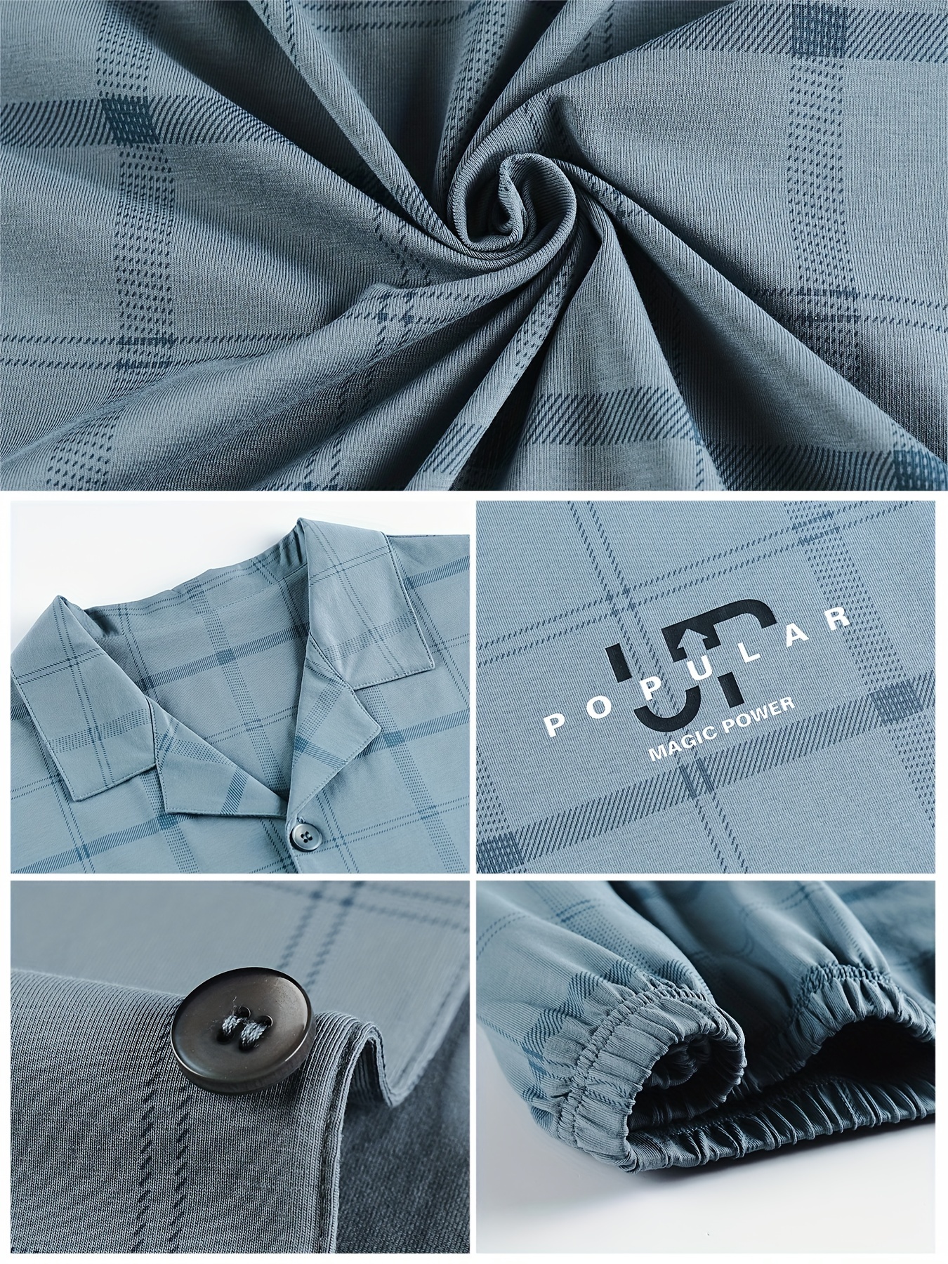 Plus Size 2 Pcs Men's 100.00% Cotton Plaid Print Lapel Short Sleeve & Trousers Pajama Set, Comfy & Skin-friendly Style Pajamas For Men's Cozy Loungewear