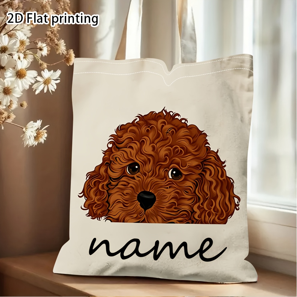 TEMU 2d Flat, 1pc Personalized Curly Poodle Dog Print Tote Bag - Custom Name Shoulder Bag For Travel, Daily & Reusable Shopping, Lover Birthday Gift