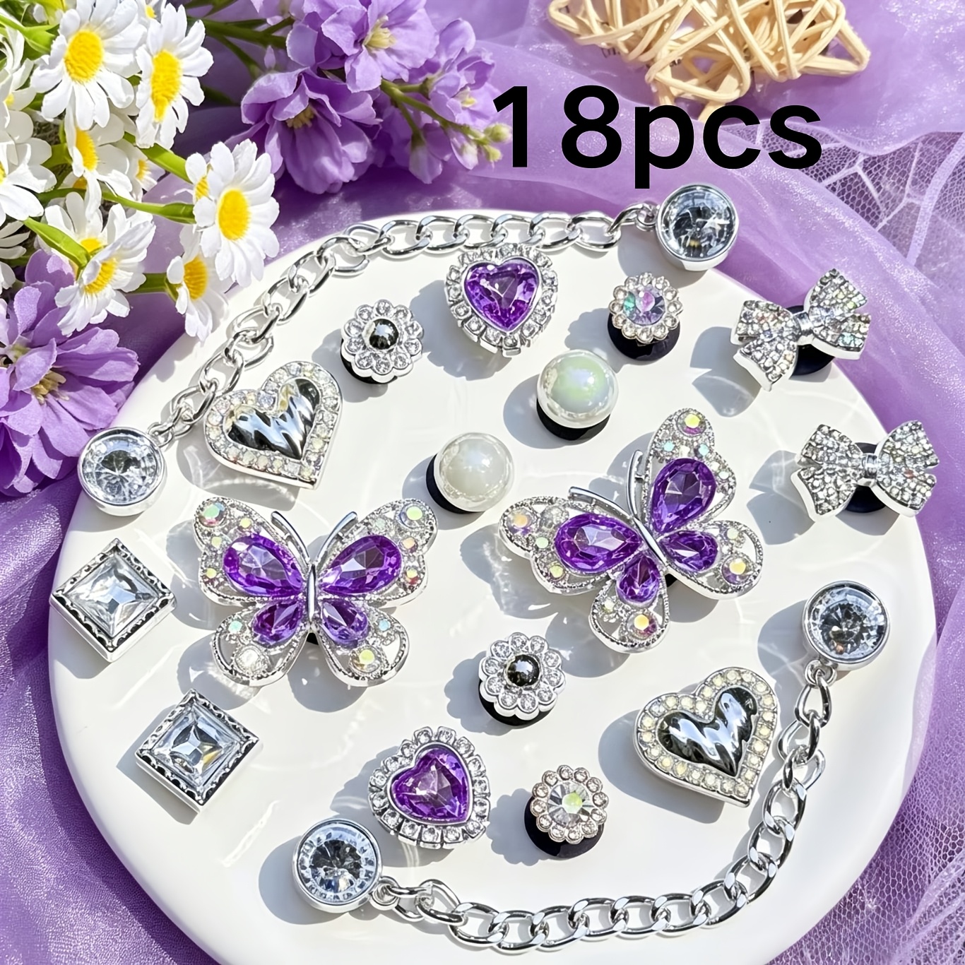 TEMU Purple Flower Chain Beads Shoes Charms, Suitable For Open-hole Sandals Garden Shoes Slippers Diy Detachable Accessories, Gifts For Christmas,
