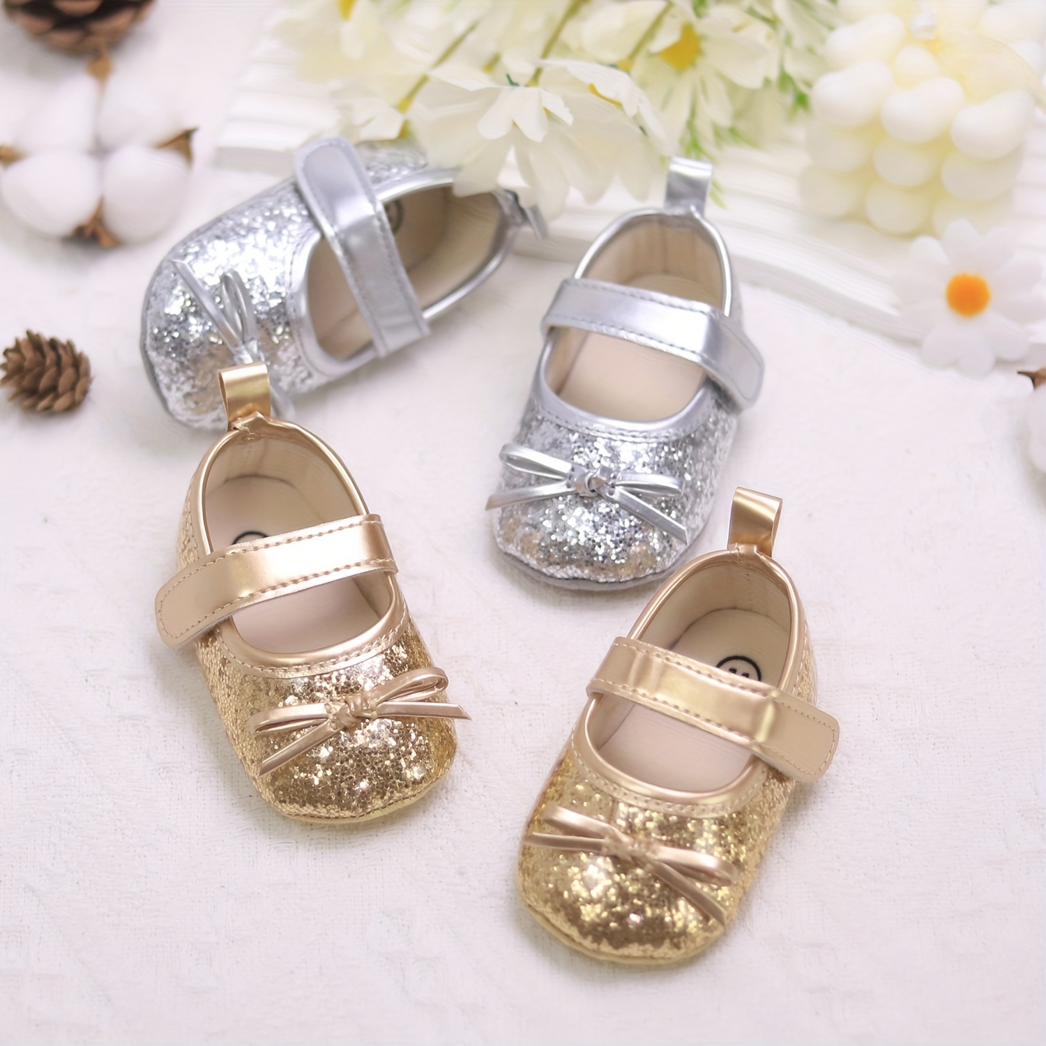 

Trendy Elegant Bowknot Sequin Shoes For Baby Girls, Lightweight Non Slip Soft Flat Sole Shoes For Indoor Outdoor Party, Spring And Autumn