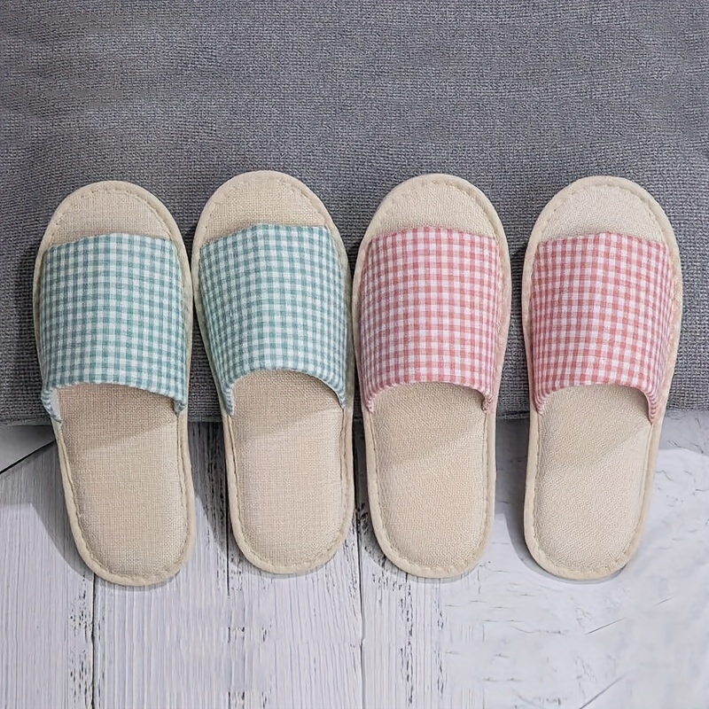 

Plaid Pattern Home Slippers, Lightweight Flat Soft & Linen Disposable Slippers, Non-slip Breathable Travel & Hotel Shoes