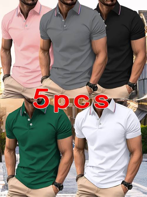5pcs mens summer shirts breathable short sleeve casual sportswear lightweight polyester solid color with button details regular fit for outdoor activities weekend casual and night out adult mens fashio