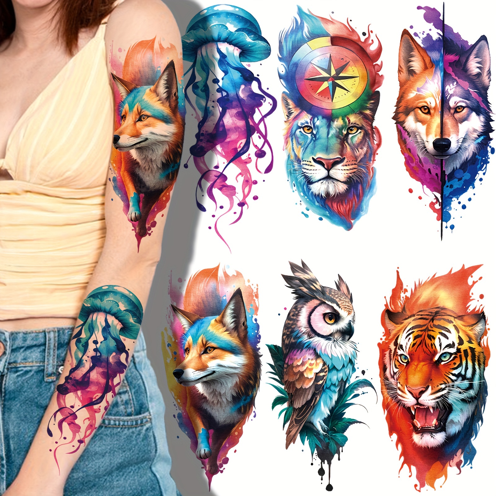 

Yazhiji Temporary Tattoos 17 Sheets - Vibrant Watercolor Wildlife & Floral Half Arm Sleeve Tattoo Stickers, Realistic Fake Tattoo Art, Waterproof Lion, Tiger, Fox Designs