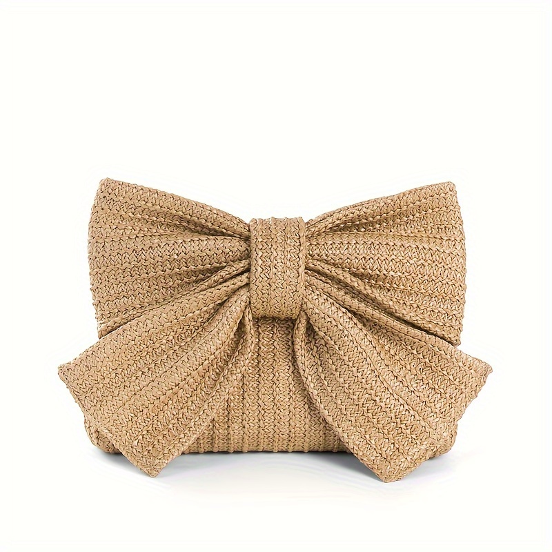 

Women's Mini Straw Clutch Bag With Bow Detail, Vacation Style, Versatile Chain Strap For Shoulder Or Crossbody Wear