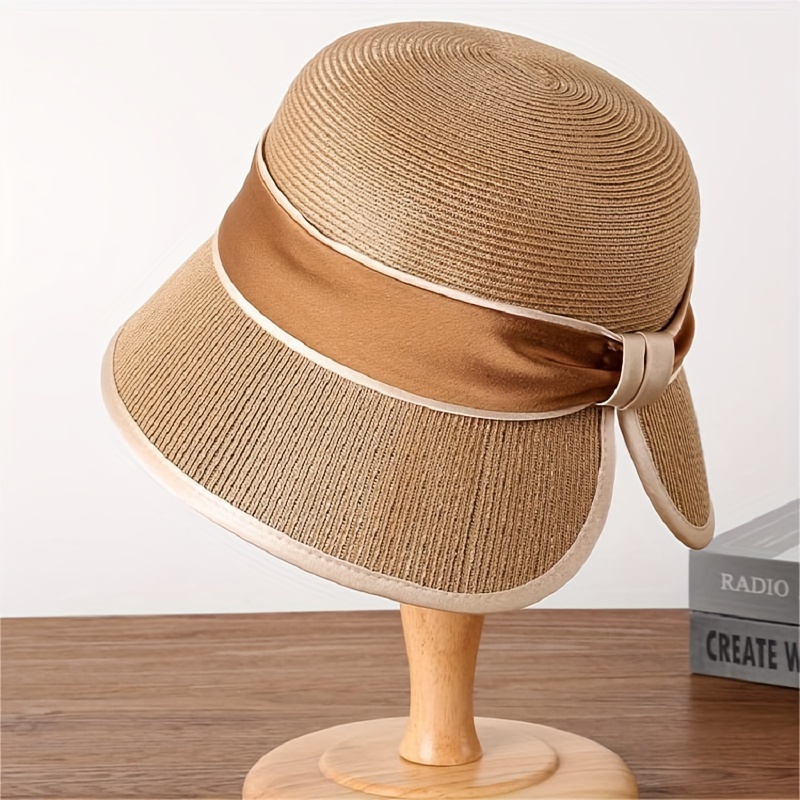 Elegant Satin Straw Bucket Hat Solid Color Summer Straw Sun - Temu